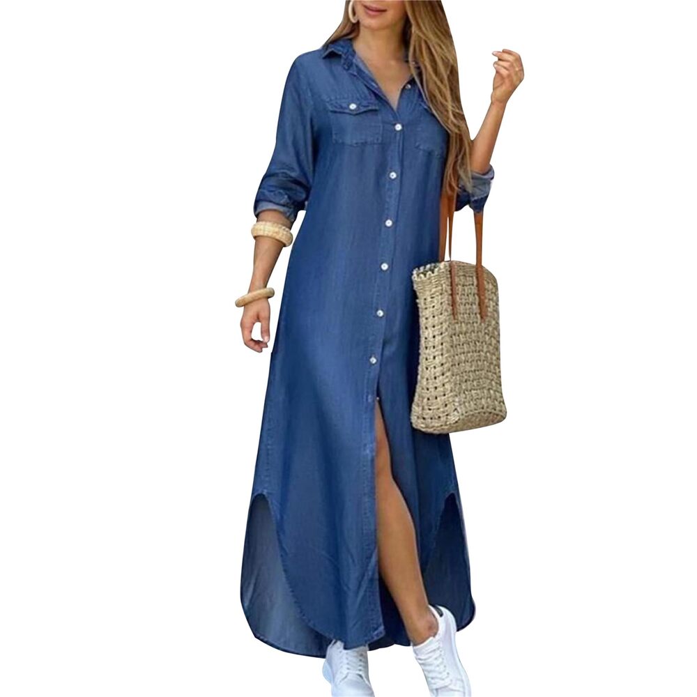 1074 Button Down Open Front Denim Dress Flowy Plus Size A-line Dress Pocket